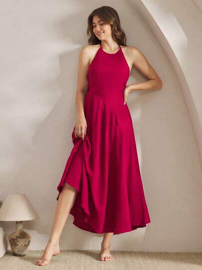 Ocili 女式纯色优雅简约挂脖家居服连衣裙