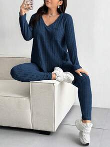 Vionelle Plus Size Solid Color Ribbed V-Neck Long Sleeve Top And Pants Set, Casual For Autumn