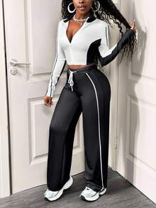 SHEIN BamGlam Women's Casual 2 Pieces Set, Color Block Design, Long Sleeve Zip-Up Jacket And Drawstring Pants, Autumn - Black and White - View 4