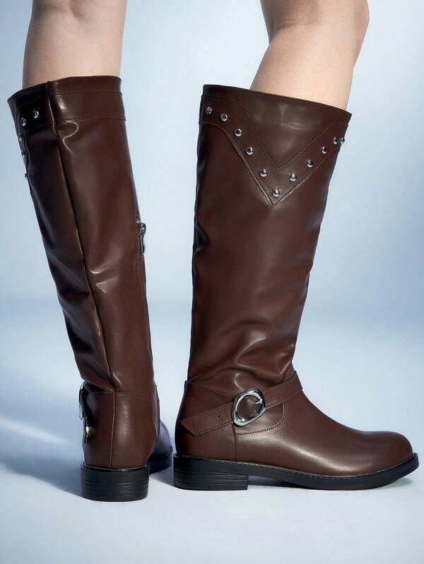 Sugerpunk Stivali alti da donna in pelle con cerniera laterale e decorazione con borchie, di colore unito