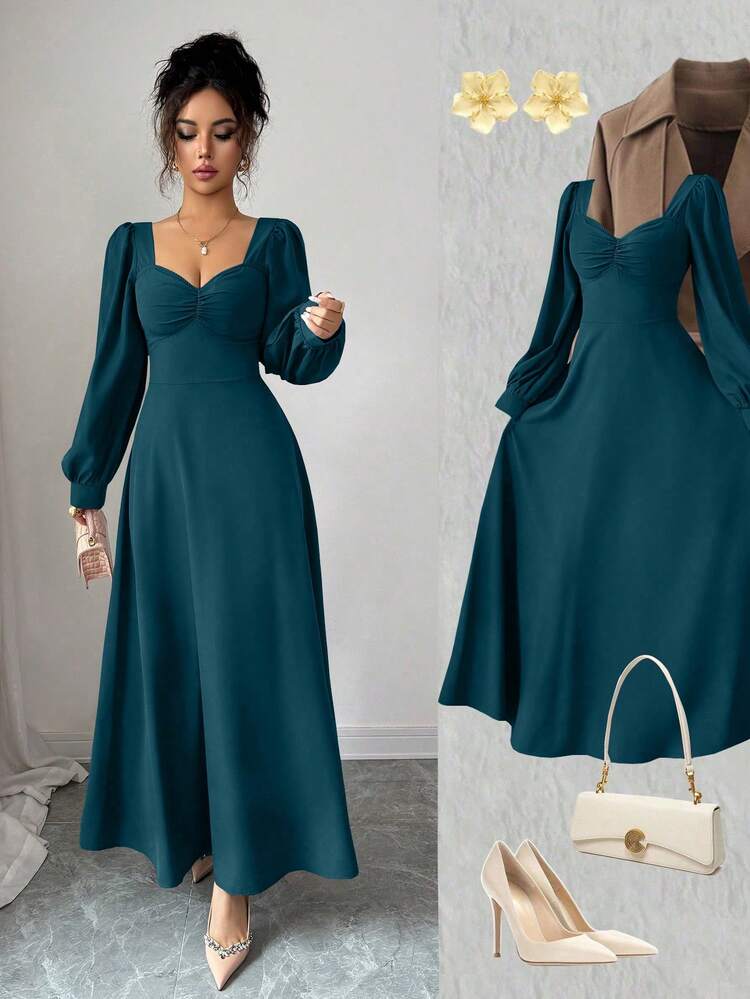 Elenzga Đầm Maxi Tay Phồng Cổ Vuông Thanh Lịch Cho Nữ, Phù Hợp Cho Việc Đi Lại Hàng Ngày - Màu xanh ngọc - Xem 1