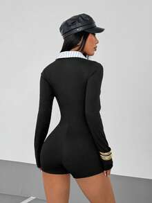 StreetHx 性感修身二合一衬衫领拼接长袖短裤连体裤，女士秋季款