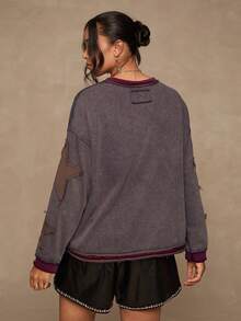 Freevana 大码女式休闲波西米亚嬉皮风格复古拼布刺绣圆领长袖 T 恤 - 咖啡棕 - 查看 2