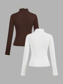 SHEIN EZwear Bộ 2 áo thun dài tay bó sát màu nâu và trắng, thời trang thu đông - Nhiều màu - Xem 2