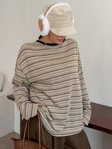 Dazy Plus Áo thun tay dài kẻ sọc rộng rãi, thoải mái, họa tiết chắp vá màu sắc cho nữ, mùa xuân/thu - Màu Khaki - Xem 1