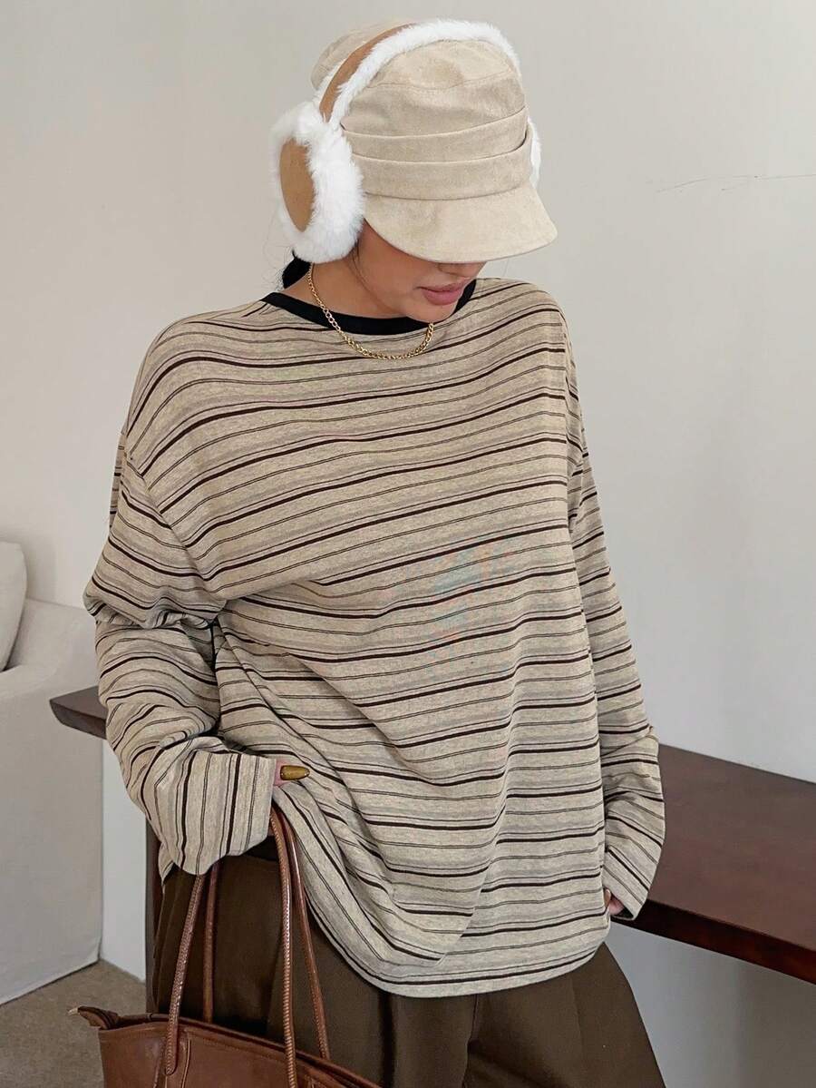 Dazy Plus Áo thun tay dài kẻ sọc rộng rãi, thoải mái, họa tiết chắp vá màu sắc cho nữ, mùa xuân/thu - Màu Khaki - Xem 1