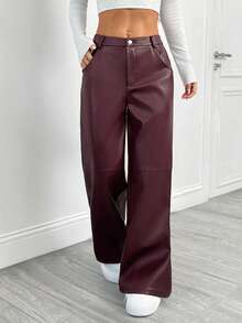 SHEIN PETITE 酒红色纯色 PU 皮革直筒裤，适合圣诞节、新年、情人节、秋冬、派对、约会之夜 - 酒紅色 - 查看 1