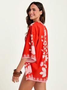 CAJUNI Women's Floral Print Open Front Loose Kimono Cover Up, Suitable For Summer Vacation,Christmas - Red and White - View 2