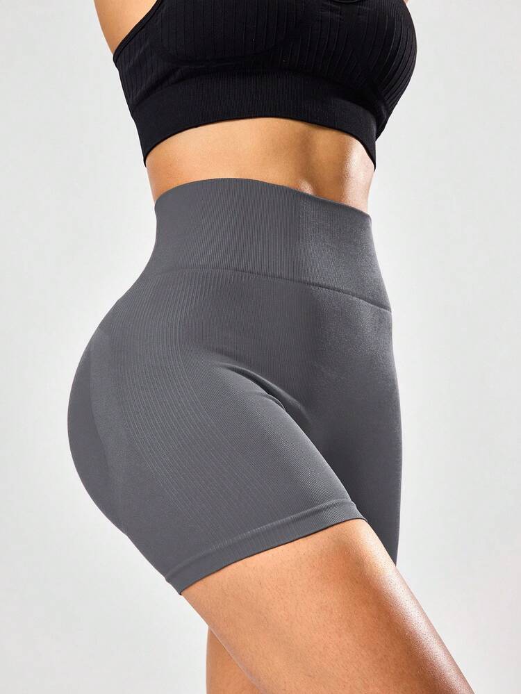 Gameset SHEIN Sport 3pcs Women's Sports Shorts, Black, Dark Grey, Red, Butt Lifting, Comfortable, Elastic, Seamless Knit, Suitable For Yoga, Workout, Pilates, Casual - Multicolor - View 8