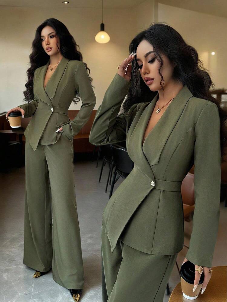 SHEIN بدلة رسمية مكونة من بليزر ضيق وبنطلون أخضر زيتوني مناسبة للفتيات المراهقات، أناقة المسافر - اخضر زيتون - مشاهدة 1
