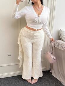 CovetEZ 加大码 Y2K 喇叭裤，荷叶边下摆，蕾丝边，适合秋冬季节假期和约会穿着 - 杏色 - 查看 3