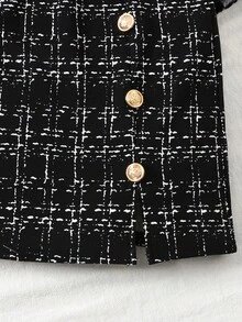 SHEIN 青少年女孩黑色针织喇叭袖上衣和开衩下摆格子裙套装，基本款和百搭款，休闲学院风服装，少女服装，开学季 - 黑色 - 查看 4