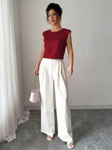 Franclia 女士优雅时尚圆领无袖宽松上衣和阔腿褶皱宽松裤两件套 - 彩色 - 查看 4