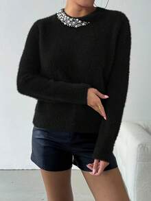 SHEIN Clasi 女士优雅串珠圆领毛衣，秋冬新年服装 - 黑色 - 查看 3
