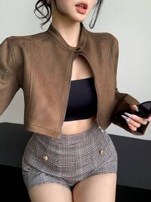 DAZY 女士休闲宽松麂皮仿皮夹克，短款，时尚街头风，秋冬Y2K风格 - 棕色 - 查看 8