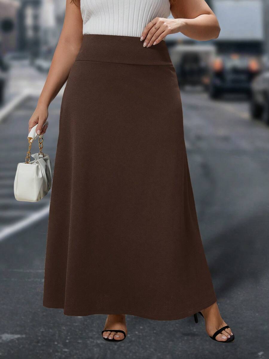 SHEIN Clasi 大码女式纯色高腰优雅办公室半身裙，秋季 - 咖啡棕 - 查看 1
