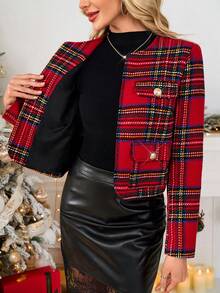 SHEIN Clasi Women's Elegant Plaid Long Sleeve Metal Button Design Wool Blend Coat, Autumn/Winter Red Plaid Top - Red - View 8