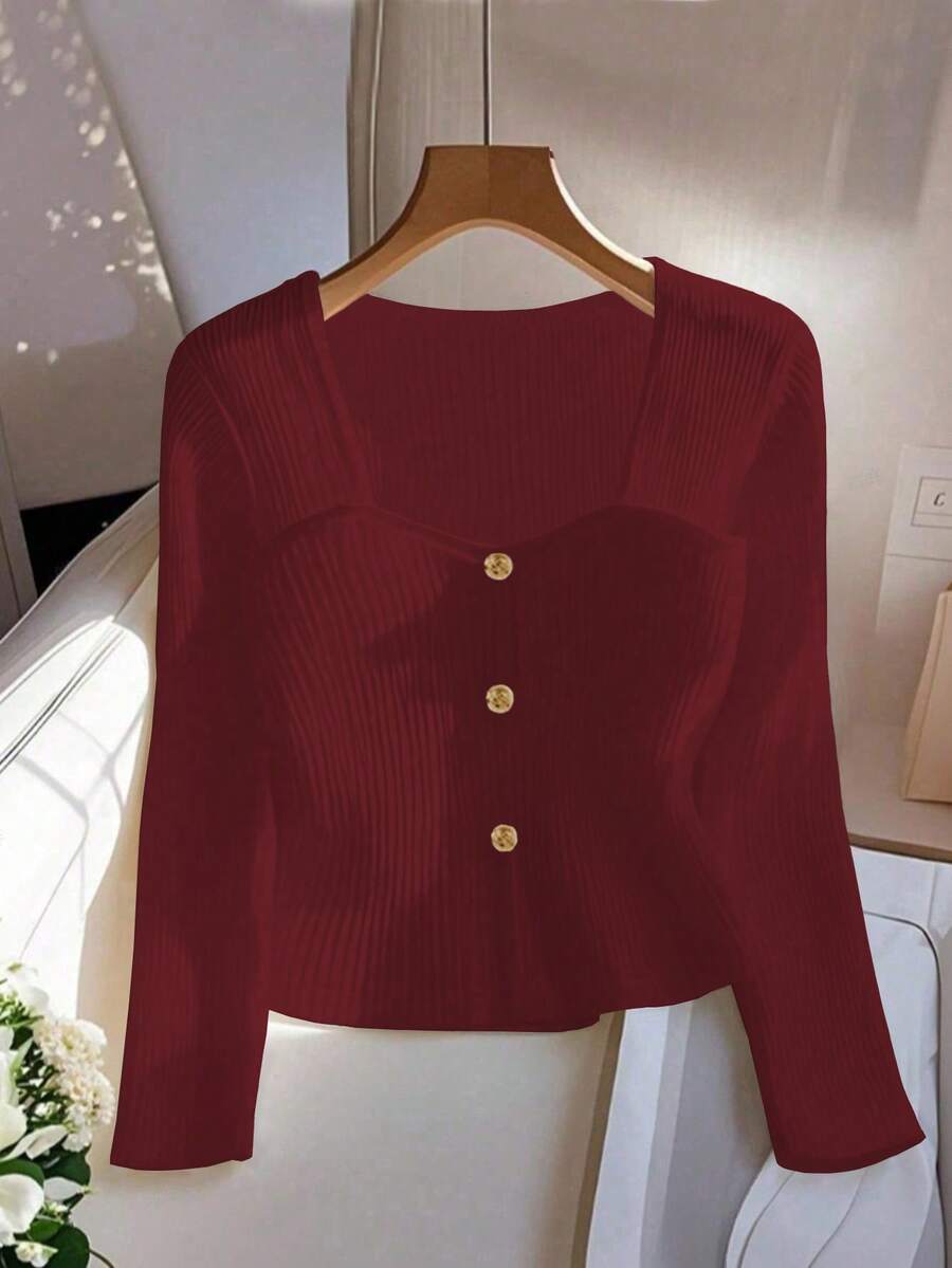 GlowEve 女士时尚商务休闲纯色长袖T恤 - 酒紅色 - 查看 1