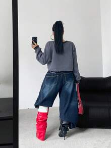 POPSWAY Damen Große Größen Rundhals Dropped Shoulder Langarm Thermofutter Lässiger Loose Pullover, Herbst/Winter