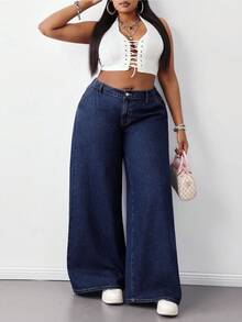SHEIN Tall CURVE 大码夏季秋季返校季可爱2000年代风格卡哇伊Y2K机场休闲老钱风图卢姆水洗低腰阔腿蓝色宽松牛仔裤 - 深色水洗藍 - 查看 8
