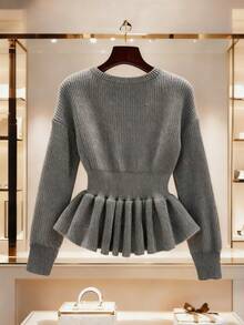 Lyxana Women's Elegant Ruffle Hem Beaded Floral Embellished Fitted Knit Sweater, Autumn/Winter - Grey - View 2