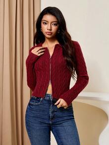 Lyxana Women's Turndown Collar Zipper Front Cable Knit Cardigan - Burgundy - View 4