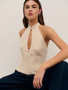 Nöista Sleeveless Halter Top Textured Fabric With Dot Patterns. Front Button Closure And Keyhole Neckline, Perfect For Summer , Evening Wear, Women, Spring. Women's Fashion. - Apricot - View 1