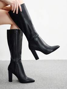 CUCCOO BIZCHIC 高品质黑色及膝靴，尖头粗跟优雅女靴，时尚百搭新设计长靴，展现女性魅力和优雅 - 黑色 - 查看 1