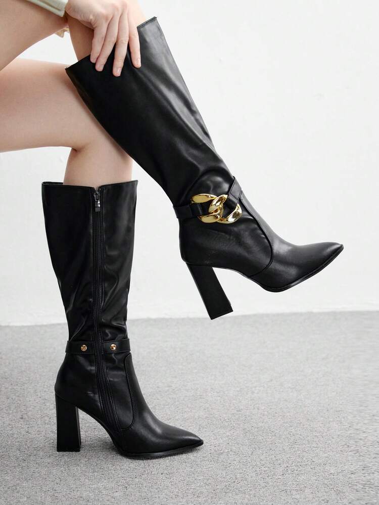 CUCCOO BIZCHIC High-Quality Commuter Buckle Black Knee-High Boots, Pointed Toe Chunky Heel Elegant Women's Boots, Fashionable Versatile New Style Long Boots, Showcasing Feminine Charm And Elegant