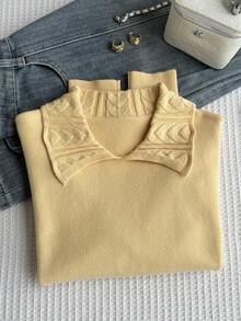 SHEIN 秋冬款青少年女童休闲宽松翻领长袖毛衣 - 黃色 - 查看 4