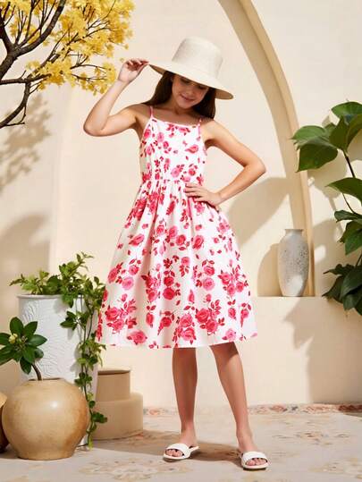 花卉印花细肩带高腰迷你连衣裙，精致甜美的花卉图案设计