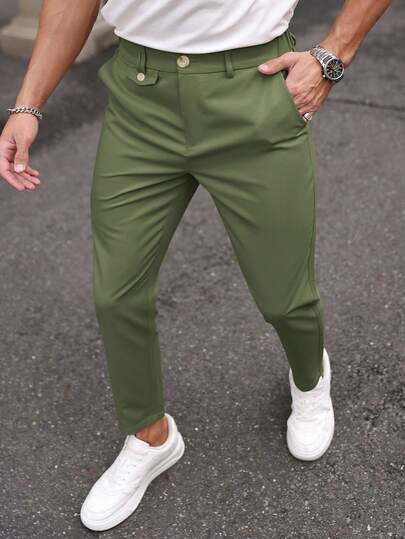 Manfinity Mode Men's Solid Color Pocket Straight Leg Casual Office Pants