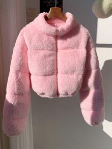 Comfortcana Áo khoác cắt gấu giả lông cừu màu trơn dành cho nữ, Thu/Đông - Hồng - Xem 3