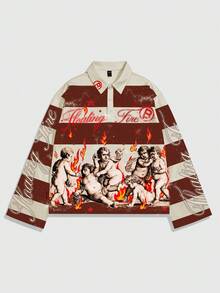 ROMWE MEN Street Life 男士街头图案印花条纹 Polo 领长袖 T 恤，秋冬 - 杏色 - 查看 4