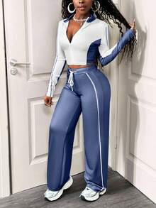 SHEIN BamGlam 女式休闲两件套，拼色设计，长袖拉链夹克和抽绳裤，秋季 - 藍白色 - 查看 4