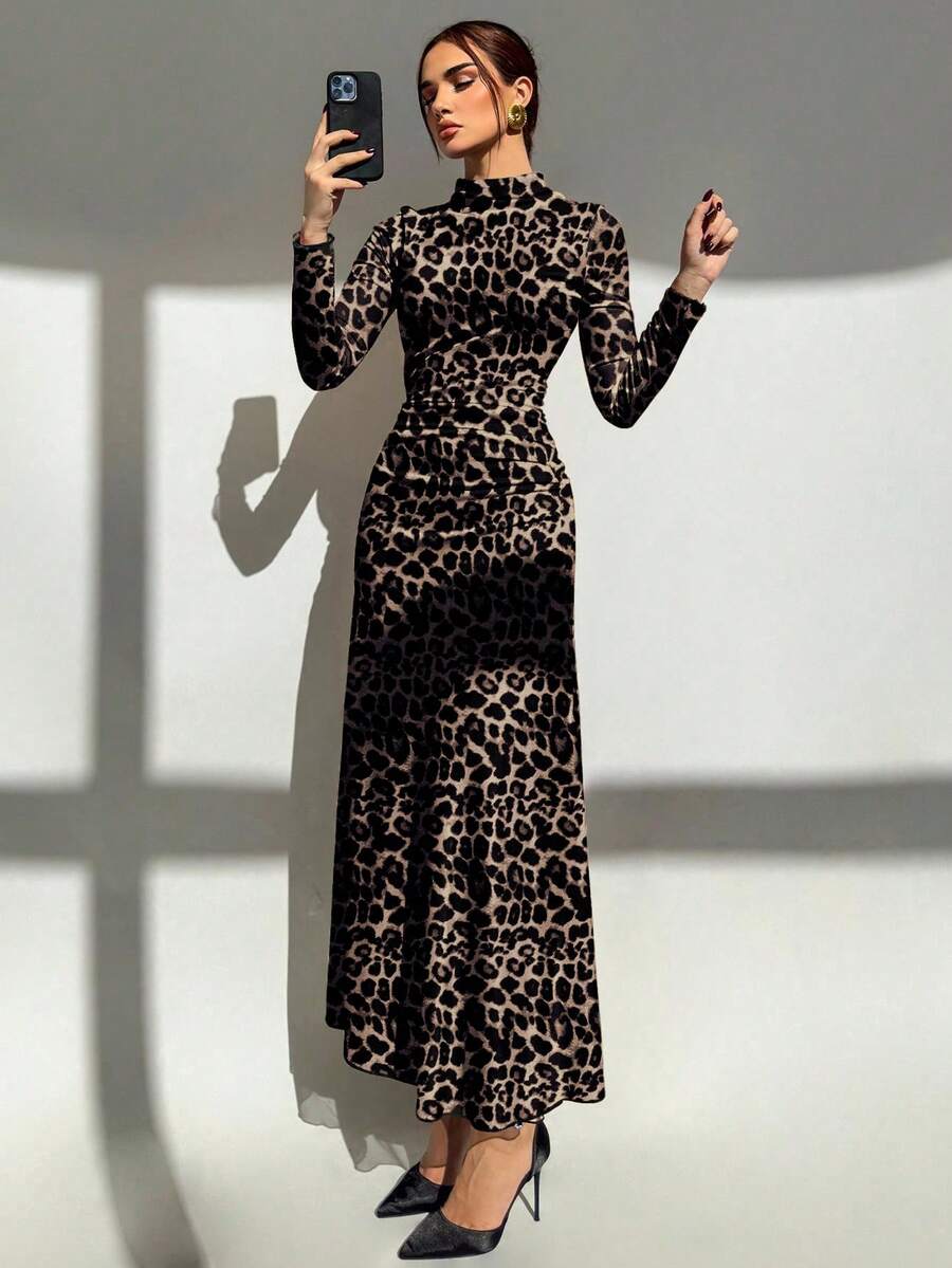 Aloruh Vestido de manga larga con cuello alto y estampado de leopardo para mujer - Multicolor - Ver 1