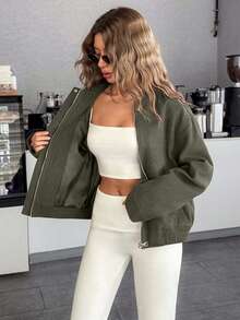 EURMUSE Women's Cropped Bomber Jacket With Elastic Hem And Minimalist Design, Stylish And Versatile Outerwea - Army Green - View 7