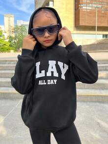 SHEIN Tween 女童数字印花连帽运动衫和慢跑裤套装，休闲百搭，适合日常穿着 - 黑色 - 查看 6