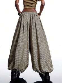 LYSMO 2025新款极简主义秋冬女装棕色格子弹力腰宽松时尚灯笼裤哈伦裤阔腿裤超大码裤格纹裤冬季女装时尚系列新年感恩节圣诞节 - 卡其色 - 查看 2