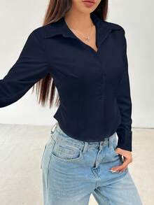 SHEIN PETITE 女士纯色长袖修身前开襟休闲衬衫 - 藏蓝色 - 查看 6