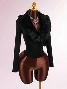 Amplova 女式毛领拼布紧身长袖T恤 - 黑色 - 查看 5