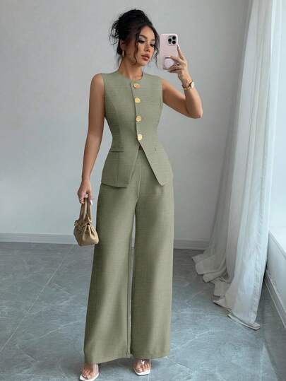 Selianne Traje casual/de trabajo elegante de mujer con decoración de botones florales