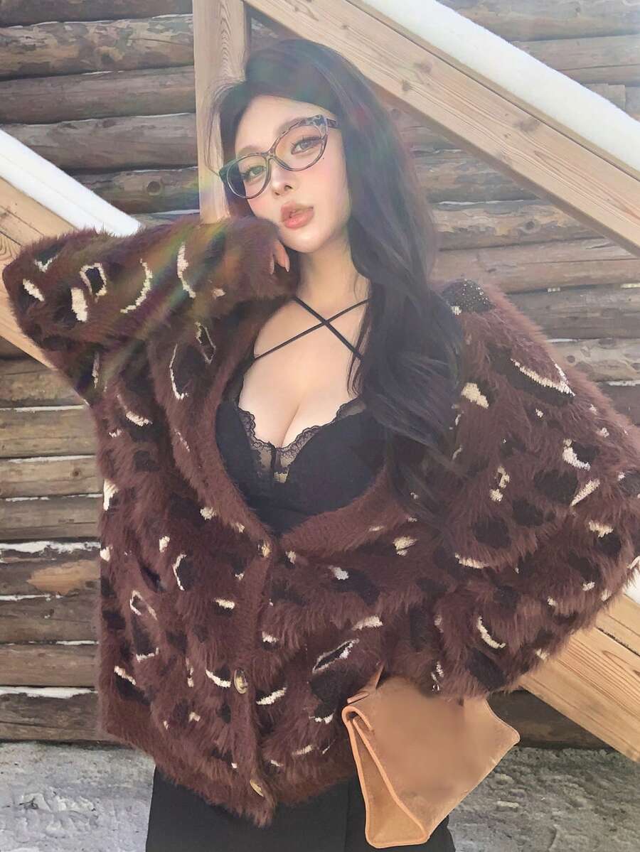 DAZY Women's V-Neck Cardigan, Fuzzy Fashion Animal Print Leopard Pattern All-Over Print, Color Blocking, Suitable For Autumn & Winter - Chocolate Brown - View 1