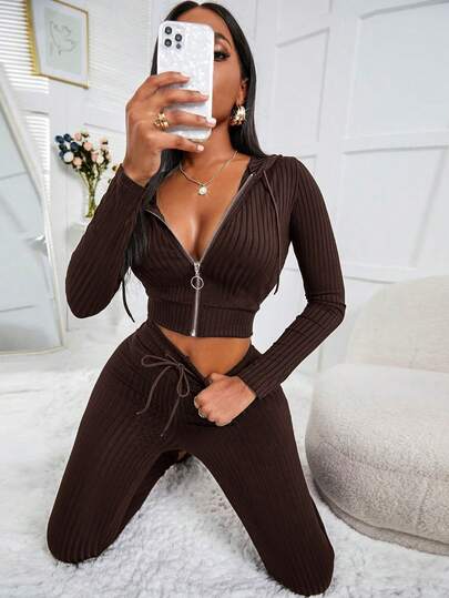 Zolique Conjunto casual de 2 piezas de mujer con top con capucha con cremallera de manga larga de unicolor y pantalones con cordón, otoño