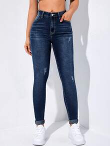 Flexra High-Waisted Button-Embellished Skinny Stretch Distressed Y2K Jeans - Dusty Blue - View 5