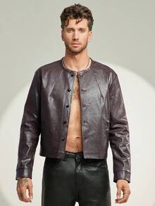 Men's Versatile PU Leather Slant Pocket Button Front Jacket - Black - View 3
