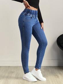 Flexra 中腰松紧腰拼接弹力紧身牛仔裤 - 深色水洗藍 - 查看 5