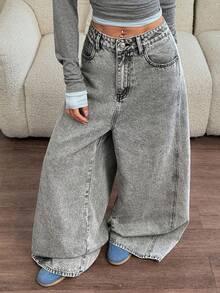 Rivivi Women's Fashion Eyelet Belt Loop Straight Loose Fit Denim Jeans