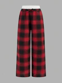 SHEIN Tween Girls' Loose Casual Contrast Trim Simple Comfortable Mid-Rise Wide Leg Pants, Christmas Red Plaid - Red - View 6