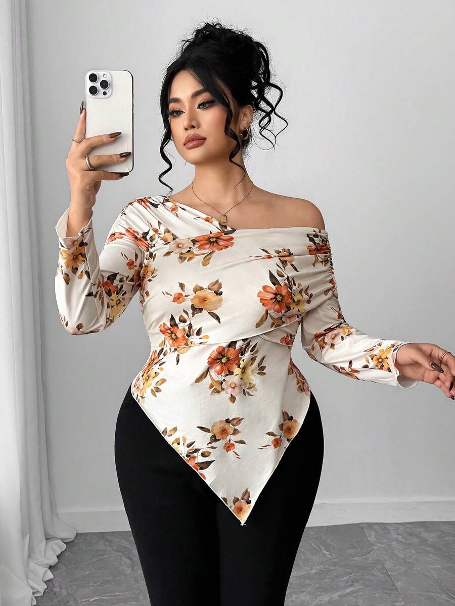 SHEIN Elenzya Women's Fashionable Elegant Off-Shoulder Fitted Asymmetrical Hem T-Shirt